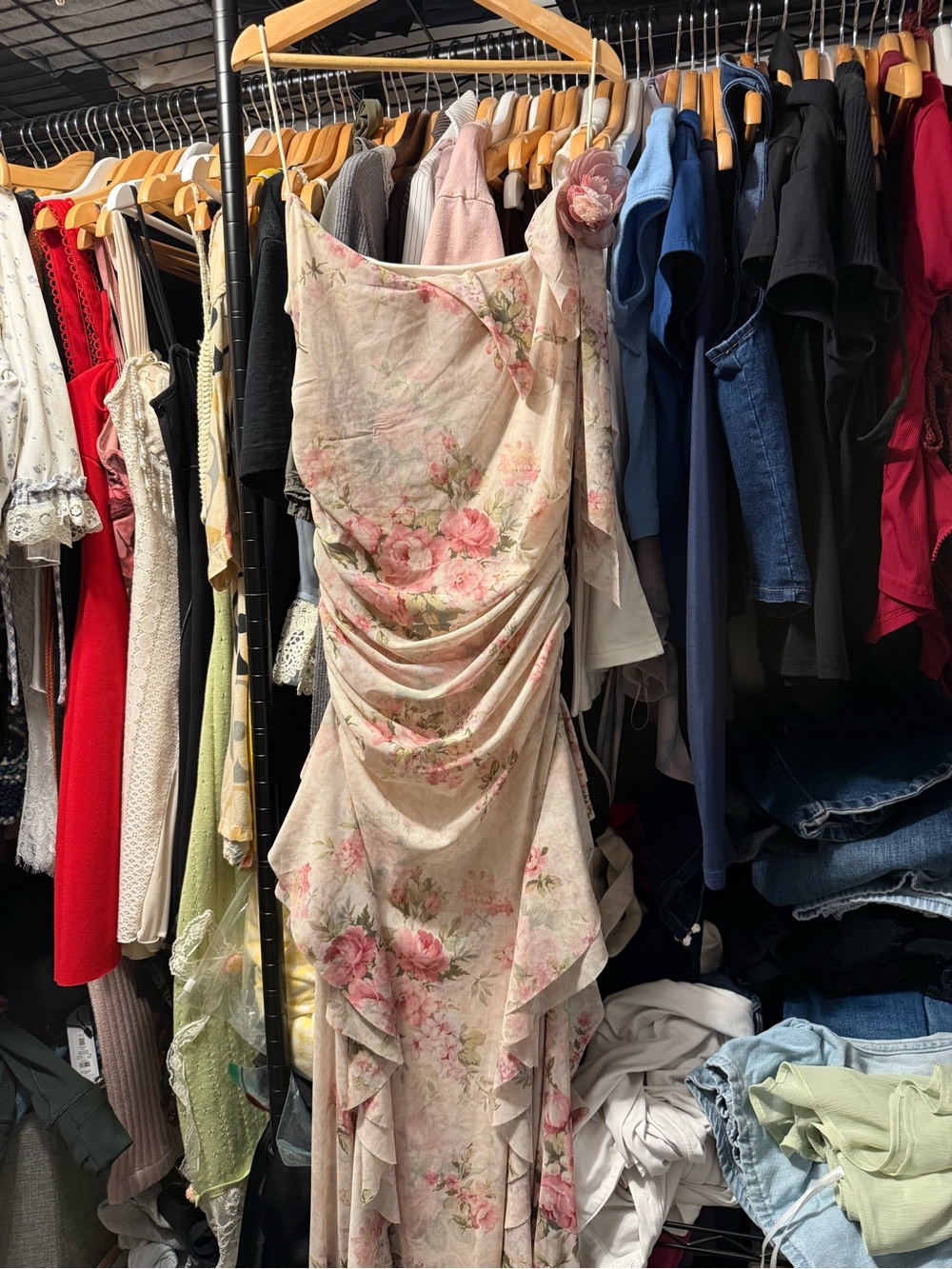 One-Shoulder Floral Ruching Maxi Dress in Pink Cream